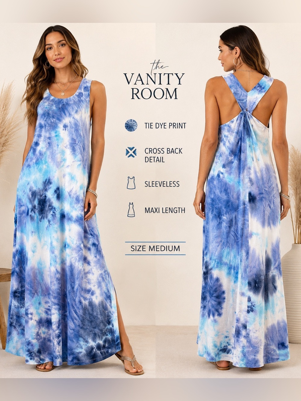 The Vanity Room Tie Dye Maxi Dress Blue Cross Back Sleeveless Medium Resort